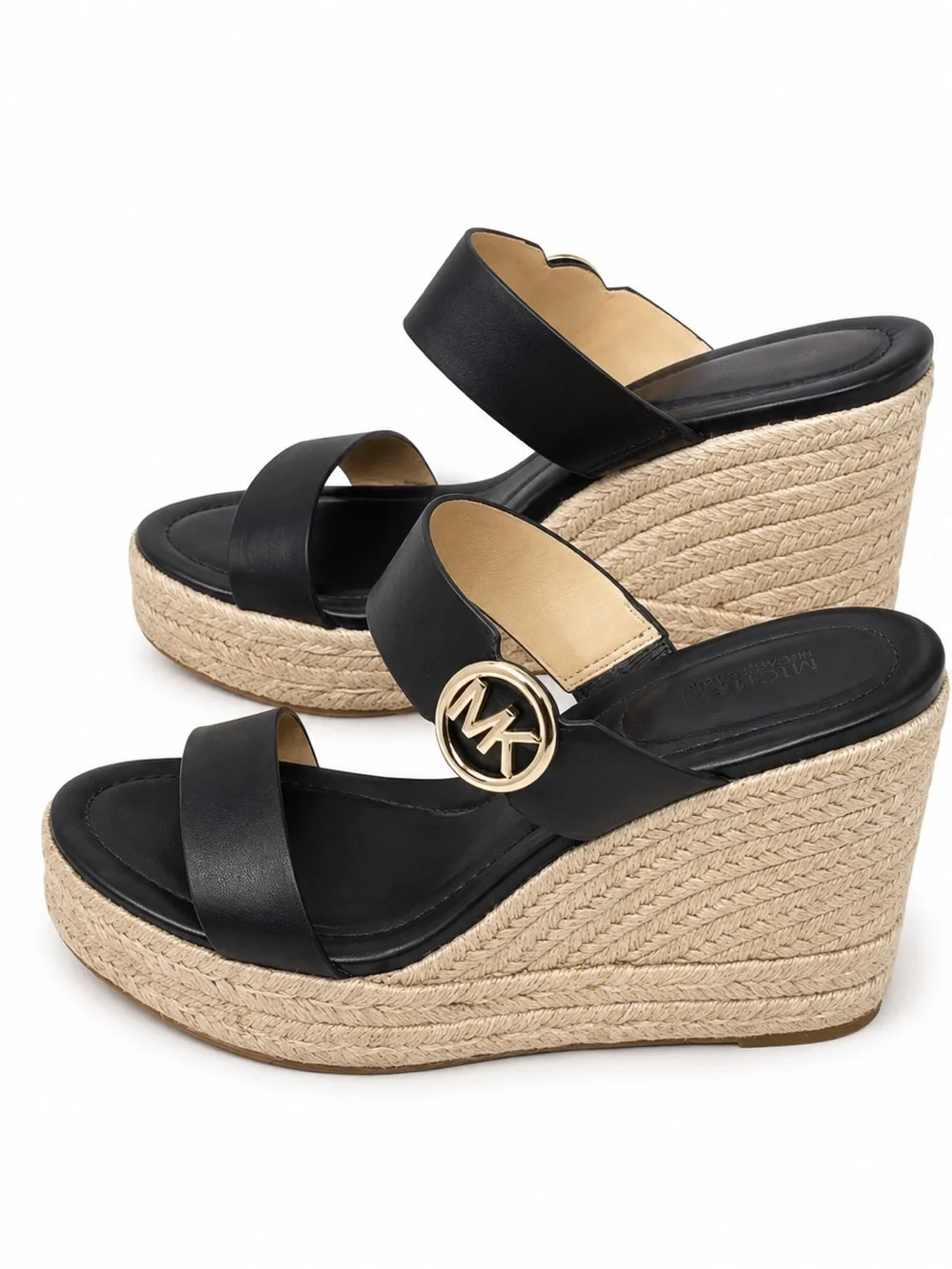 Michael Kors Black Leather Espadrille Wedge Sandals with Gold MK Logo SIZE 6